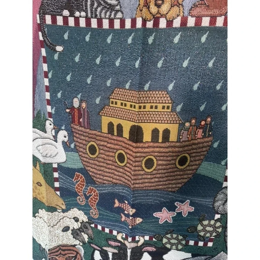 Vintage Folkart American Weavers Noah's Ark Tapestry Throw Blanket Americana